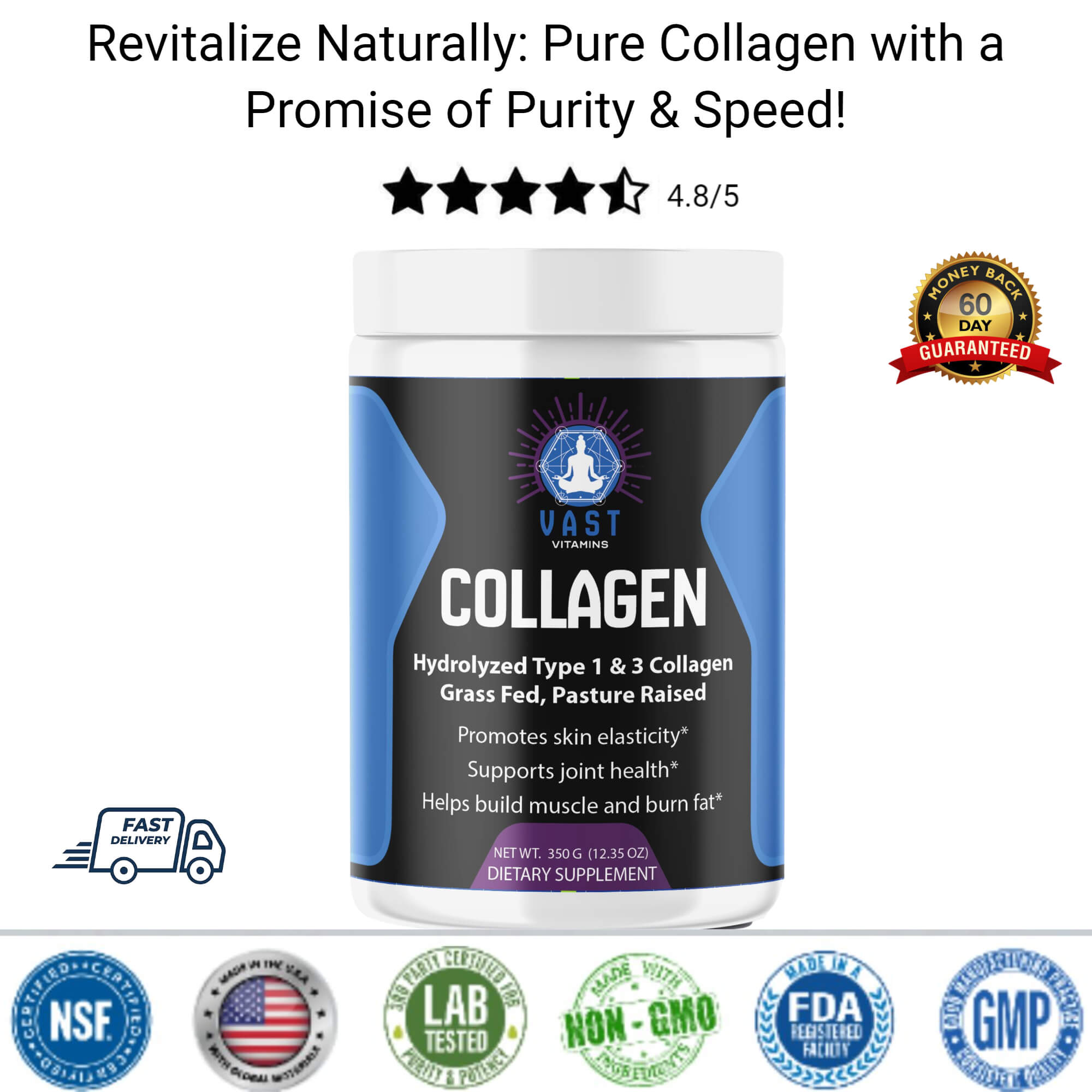 VAST Vitamins Collagen container with 4.8/5 stars rating, highlighting pure grass-fed collagen for skin elasticity and joint support.
