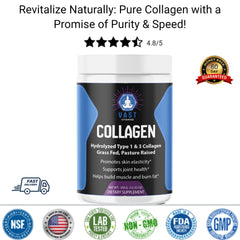 VAST Vitamins Collagen container with 4.8/5 stars rating, highlighting pure grass-fed collagen for skin elasticity and joint support.