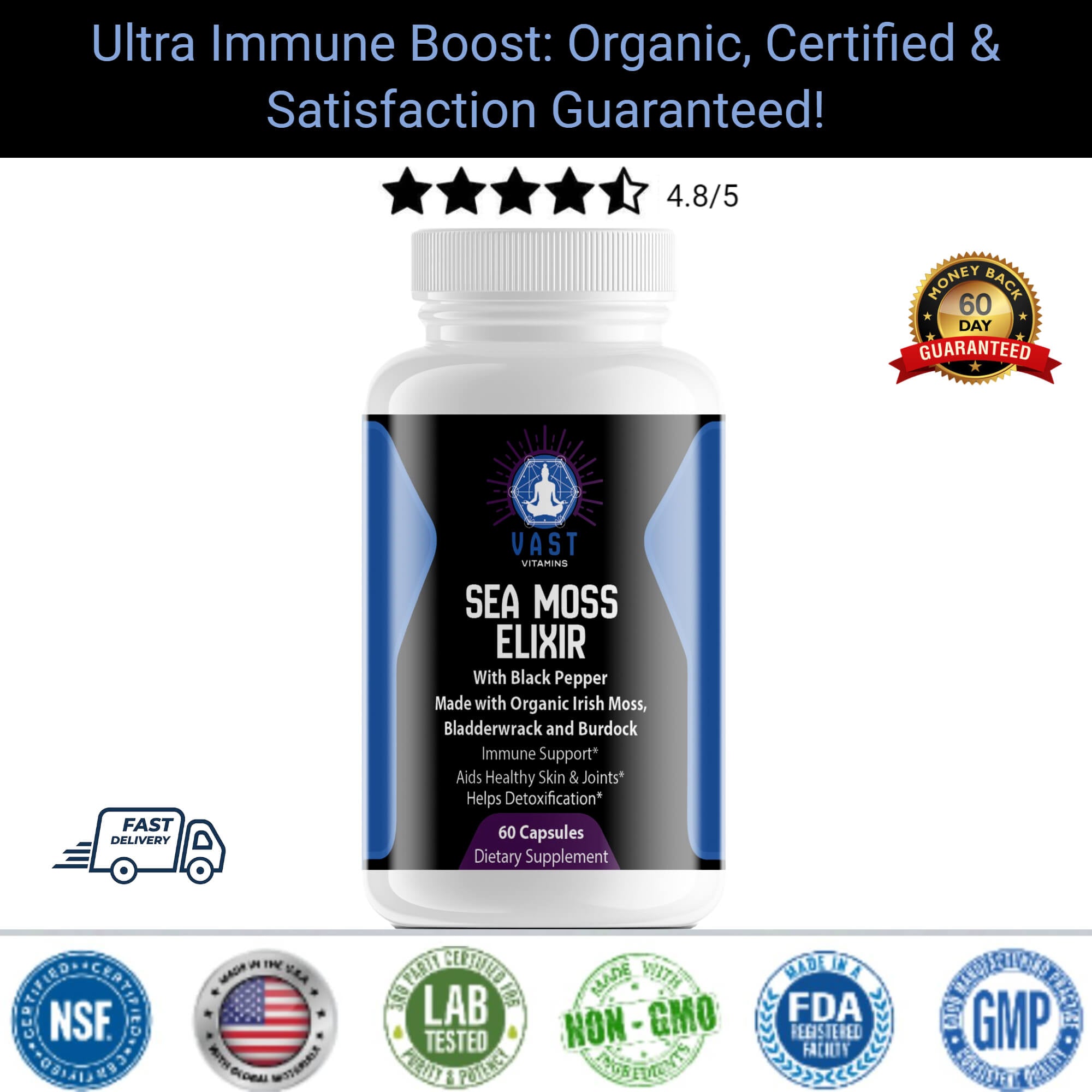Sea Moss Elixir dietary supplement, showcasing organic certification and customer satisfaction rating.