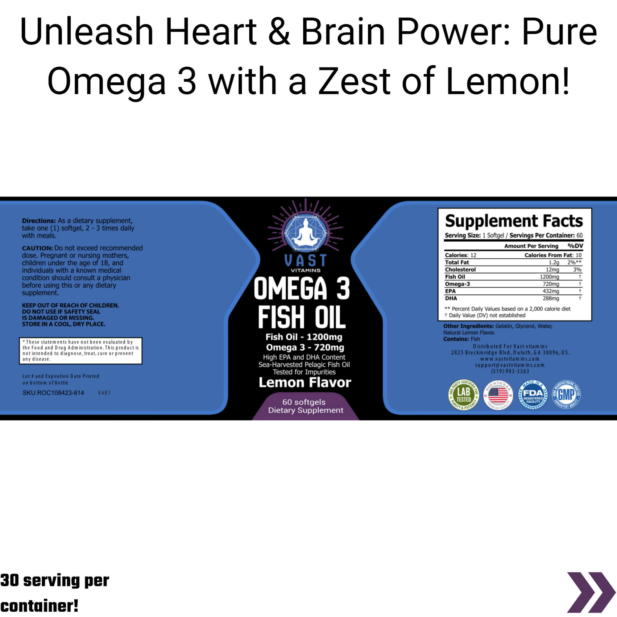 Omega-3 Fish Oil highlighting 720mg Omega-3 per serving and lemon flavor for heart and brain wellness.