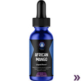 Close-up of a blue bottle of Vast African Mango Liquid Burn dietary supplement with highlighted benefits of increased stamina and appetite control.