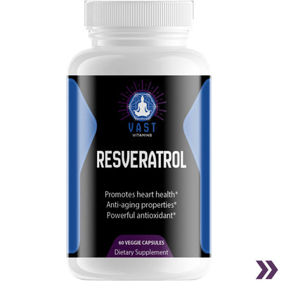 Resveratrol dietary supplement bottle emphasizing heart health, anti-aging properties, and antioxidant benefits.