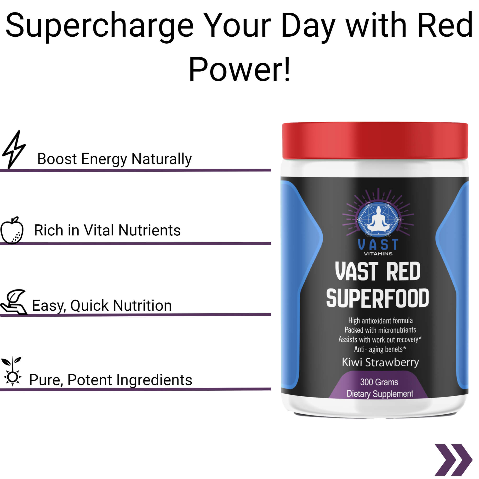 Red superfood dietary supplement container, highlighting natural energy boost, rich nutrients, and pure ingredients.