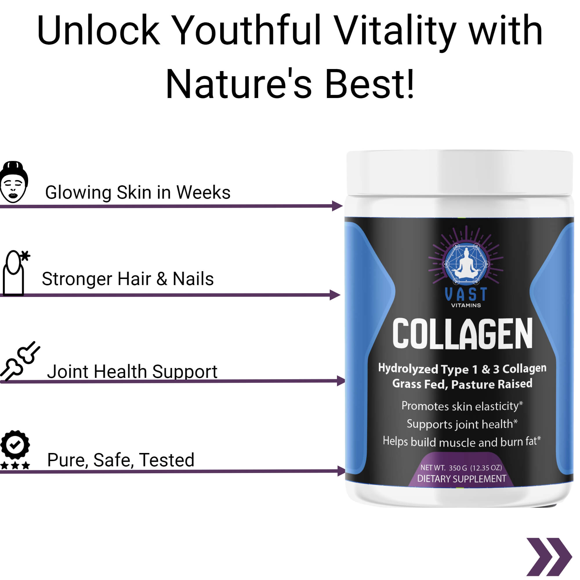 VAST Vitamins Collagen featuring benefits for skin, hair, nails, joint health, and a quality assurance seal.