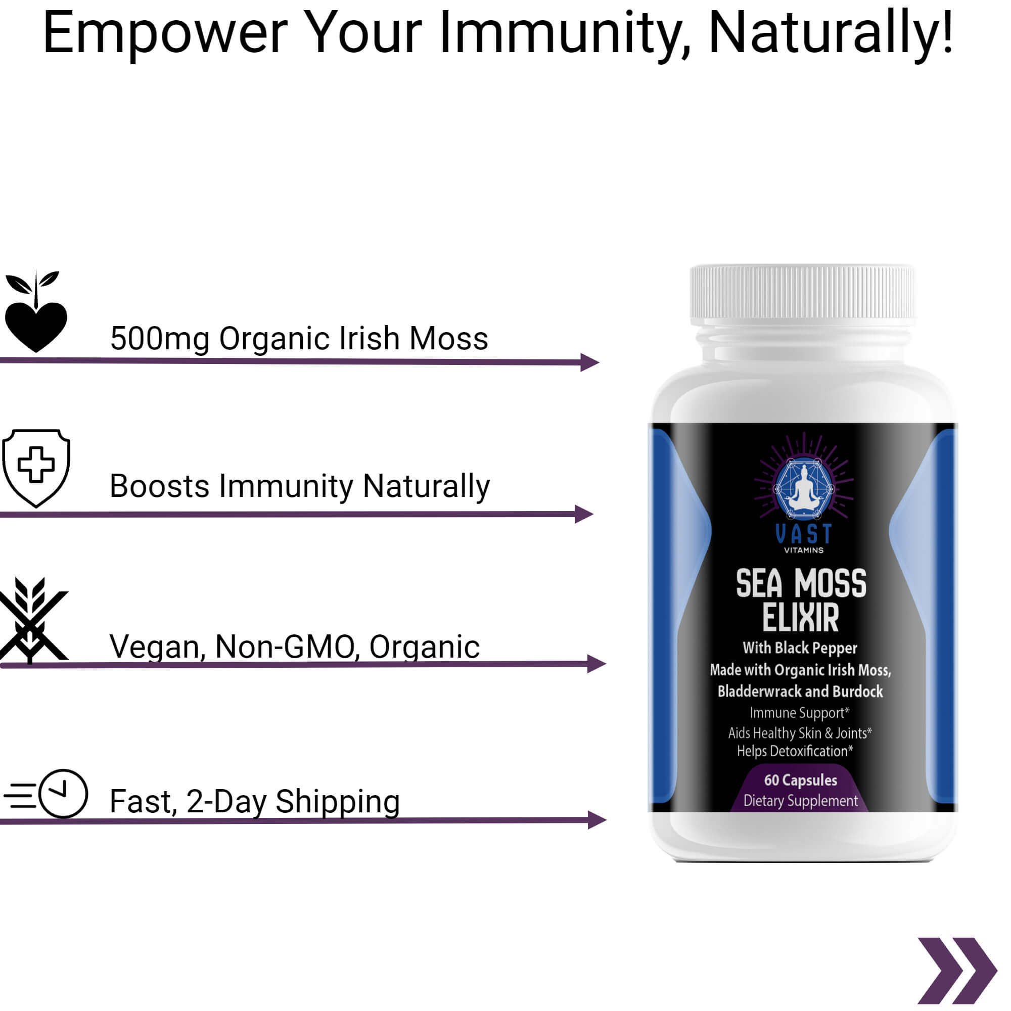 Sea Moss Elixir capsules, highlighting organic Irish moss ingredient, immunity boost, and fast shipping.
