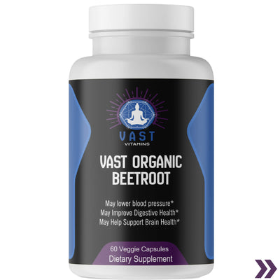 close up of Vast Organic Beetroot supplement bottle