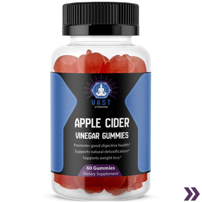 Close-up on apple cider vinegar gummy bottle focusing on the health benefits and dietary supplement information.