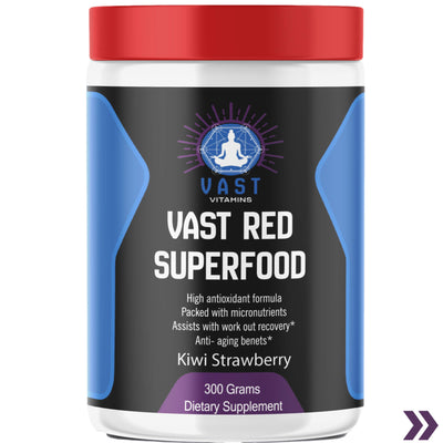 Close-up of VAST Red Superfood dietary supplement container, kiwi strawberry flavor, 300 grams.