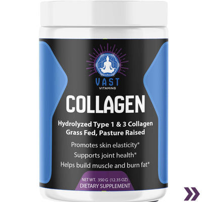 Front view of VAST Vitamins Collagen supplement jar, emphasizing benefits for skin, joint health, and muscle support.