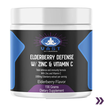 container of VAST Vitamins Elderberry Defense supplement, 156 grams, highlighting immune support ingredients with zinc and vitamin C.