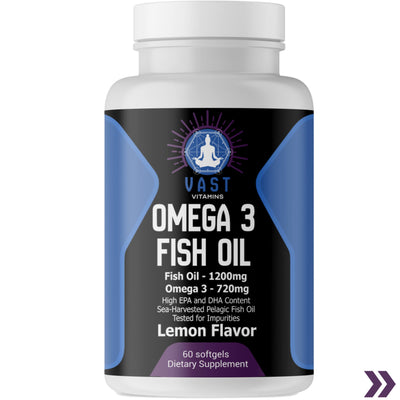 Omega-3 Fish Oil dietary supplement, emphasizing high EPA and DHA content, lemon flavor, and purity testing.
