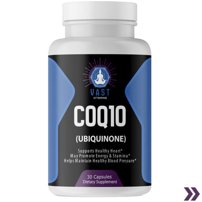 Close-up of COQ10 dietary supplement bottle detailing support for heart health, energy, and blood pressure maintenance.