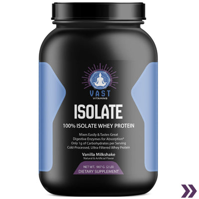 Front view of VAST ISOLATE whey protein jar detailing the vanilla milkshake flavor and dietary supplement information
