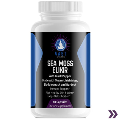 Close-up of Sea Moss Elixir bottle, emphasizing the natural immune support and organic ingredients.
