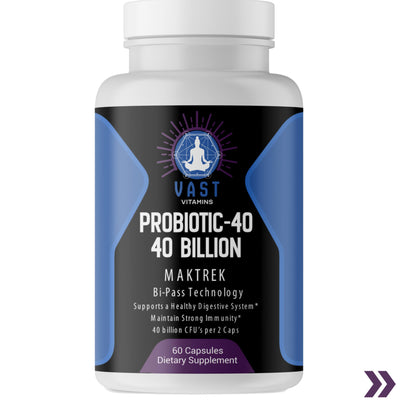 Close-up of the Probiotic-40 40 Billion bottle, emphasizing support for digestive system and immunity.