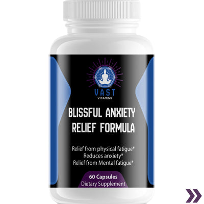 Product bottle image for Blissful Anxiety Relief Formula highlighting relief from physical and mental fatigue.