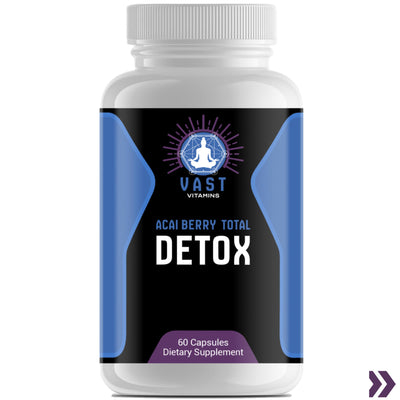 VAST Acai Berry Total Detox bottle, promoting digestive health, energy, and a 100% natural body cleanse.