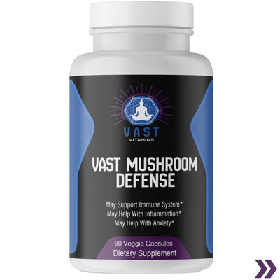 Front view of VAST Mushroom Defense dietary supplement bottle, emphasizing its benefits for immunity, inflammation, and anxiety.