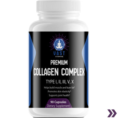 Close-up of VAST Vitamins Premium Collagen Complex bottle with types I, II, III, V, X, supporting muscle build, skin elasticity, and joint health.