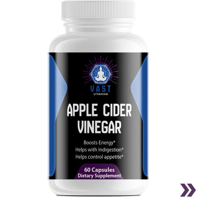 Close-up of VAST Vitamins Apple Cider Vinegar bottle highlighting boosts energy, helps with indigestion, and appetite control.