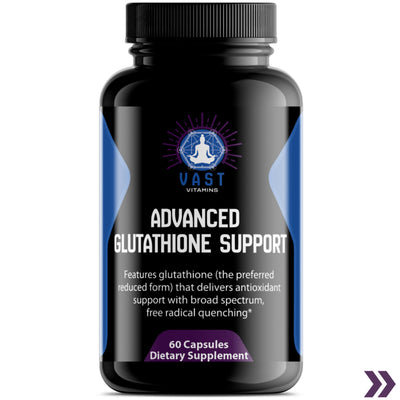 Close-up of VAST Vitamins Advanced Glutathione Support bottle, focusing on the antioxidant support and free radical quenching benefits.