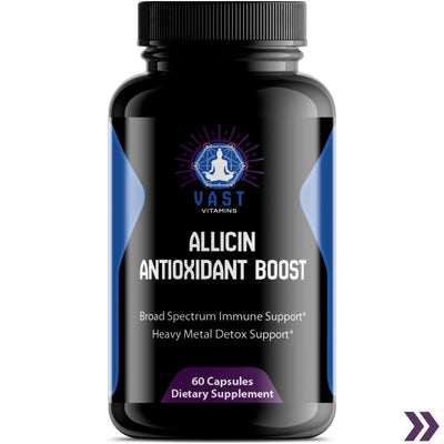 Front view of VAST Vitamins Allicin Antioxidant Boost dietary supplement bottle emphasizing the health benefits of organic allicin.