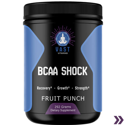 Front view of VAST Vitamins BCAA SHOCK supplement container in Fruit Punch flavor with 292 grams net weight.