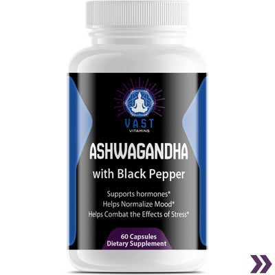 Front label of VAST Vitamins Ashwagandha with Black Pepper bottle, mentioning mood support and stress relief.