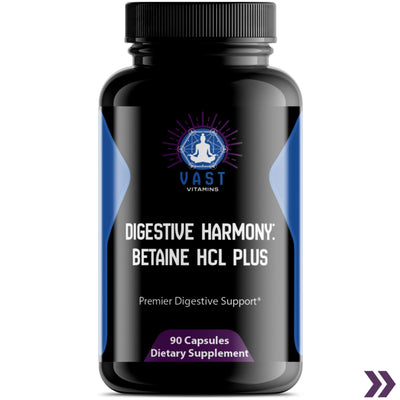 Close-up of Betaine HCL Plus bottle, a dietary supplement for optimal digestive health.