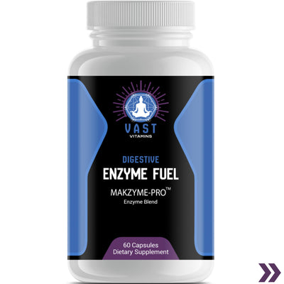 Close-up of Digestive Enzyme Fuel bottle emphasizing Makszyme-Pro™ enzyme blend for digestive health.