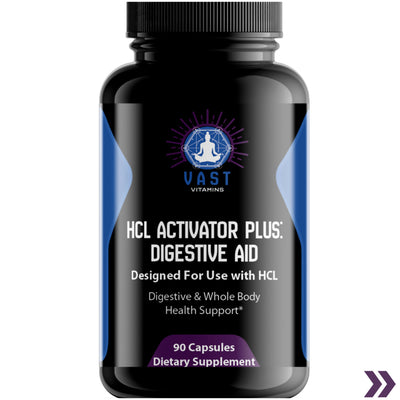 Close-up of HCL Activator Plus Digestive Aid bottle highlighting digestive and whole body health support.