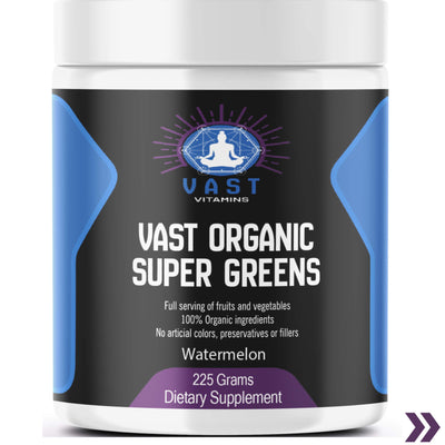 Container of VAST Organic Super Greens dietary supplement with watermelon flavor and health claims.