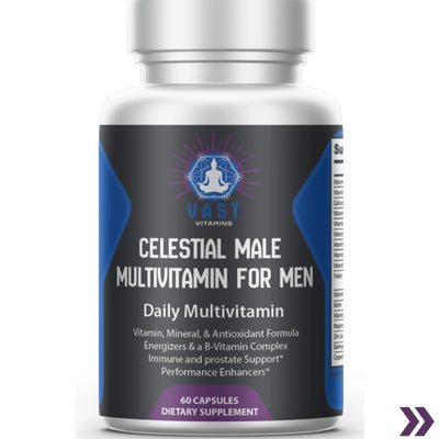 Close-up of Celestial Male Multivitamin bottle highlighting daily vitamin and antioxidant formula.