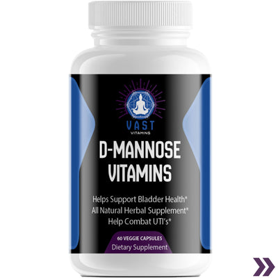 Close-up of D-Mannose vitamin bottle emphasizing bladder health support and UTI combat.
