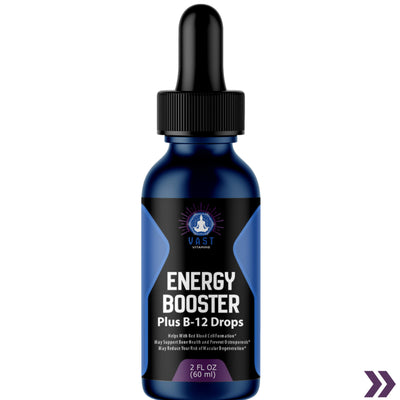 Bottle of VAST Vitamins Energy Booster Plus B-12 Drops showcasing the supplement facts and nutritional information.