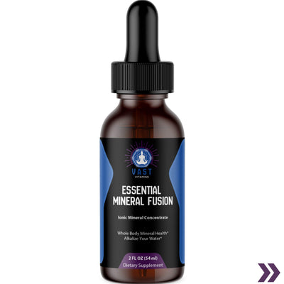 Essential Mineral Fusion liquid dietary supplement in dropper bottle for whole body health.